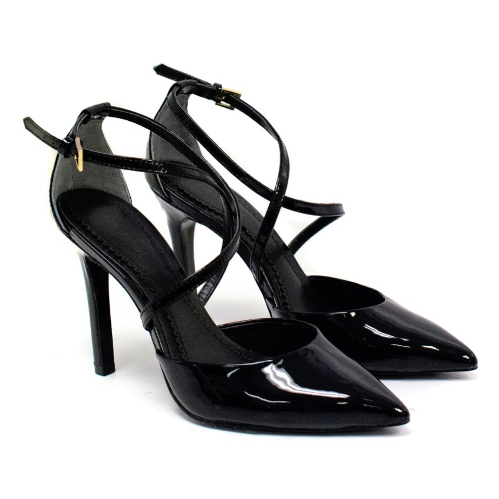 POUR LA VICTOIRE  PATENT LEATHER ANKLE STRAP HEELS BLACK 9 EUC